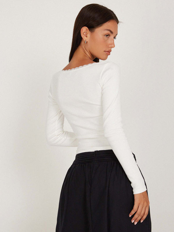 Women’s new fashion and sexy U-neck small lace knitted bottoming shirt