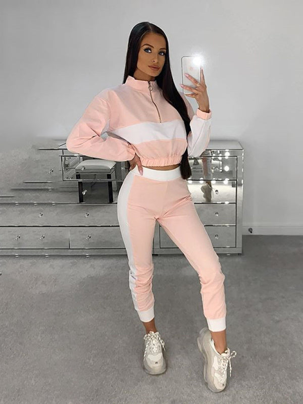 Women’s new fashion casual color matching short top + trousers suit - Pink / S