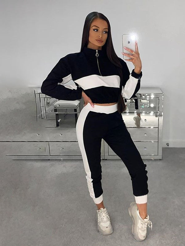 Women’s new fashion casual color matching short top + trousers suit - Black / S