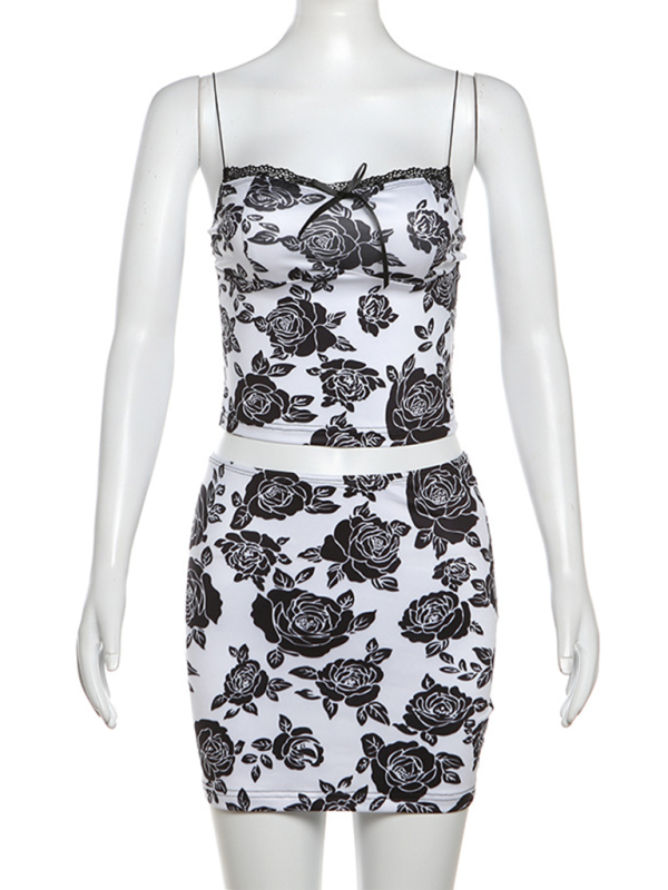 Floral print two-piece set with sexy slim hip skirt from Women’s New Fashion Rose Print Suspenders collection