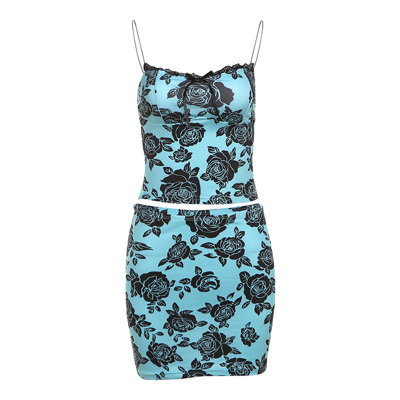 Blue floral two-piece set with sexy slim hip skirt, perfect for trendy fashion looks
