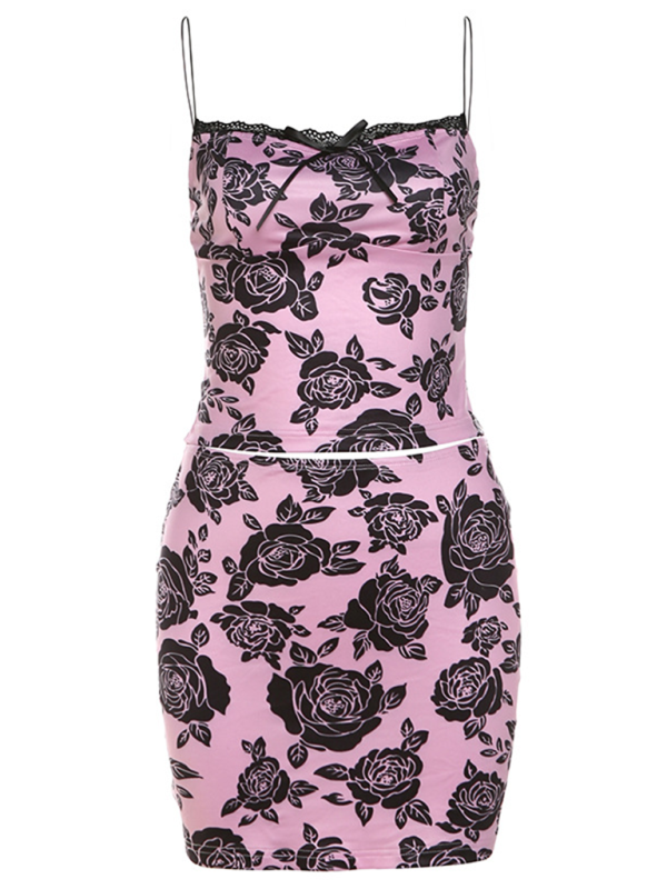 Pink floral two-piece dress with hip skirt, ideal for women’s new fashion style