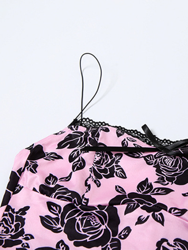 Pink floral camisole from women’s new fashion rose print suspenders hip skirt suit