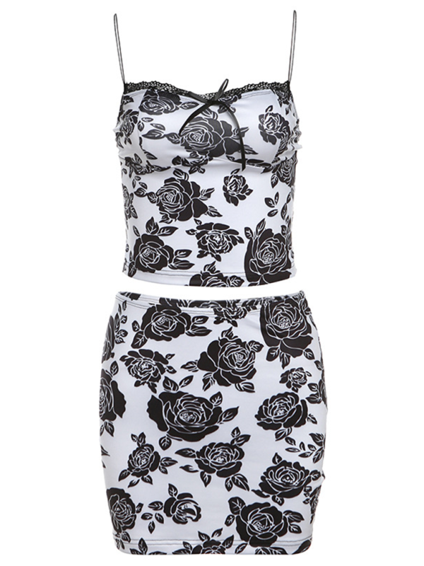 Floral two-piece set with sexy slim hip skirt from Women’s New Fashion Rose Print Suspenders collection