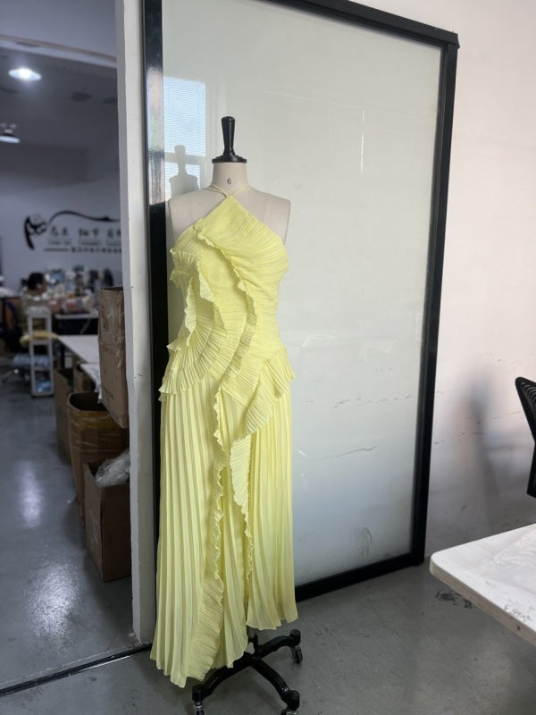 Women’s new fashion white yellow pleated elegant sexy backless dress - Yellow / XS