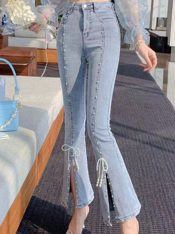 Women’s new fashionable and versatile slit heavy beaded straight-leg micro-flared trousers - Clear blue / S