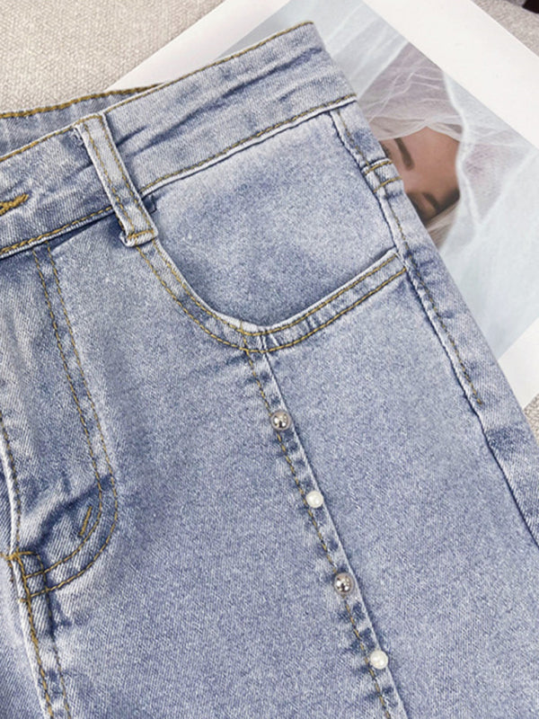 Women’s new fashionable and versatile slit heavy beaded straight-leg micro-flared trousers