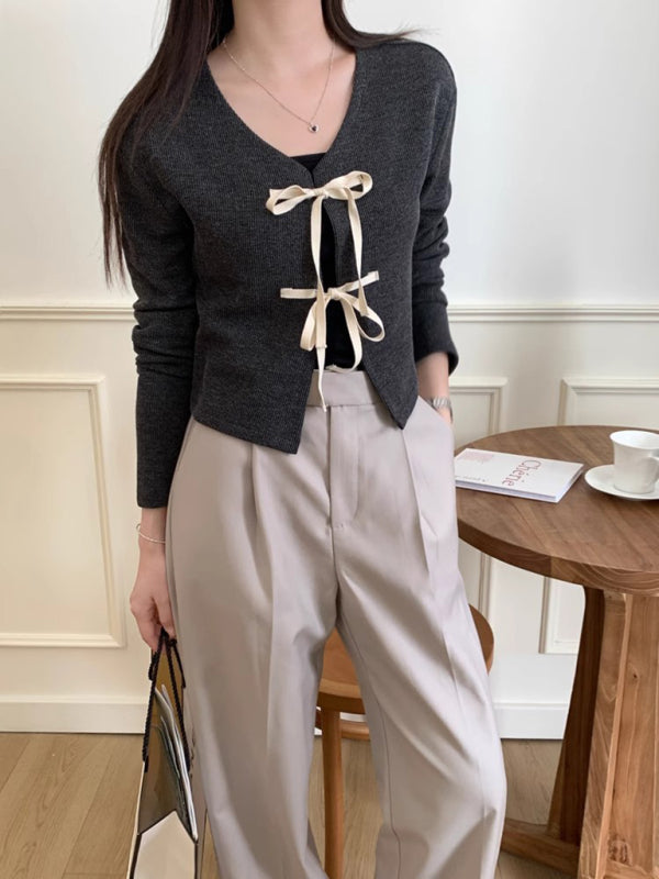 Women’s new fashionable bow tie knitted cardigan top