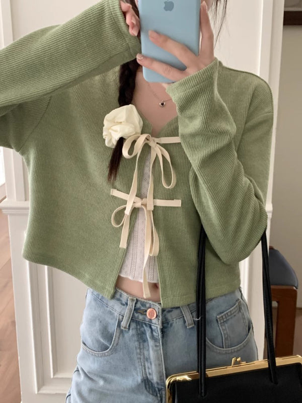 Women’s new fashionable bow tie knitted cardigan top - Green / FREESIZE