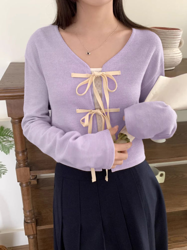 Women’s new fashionable bow tie knitted cardigan top - Pink / FREESIZE