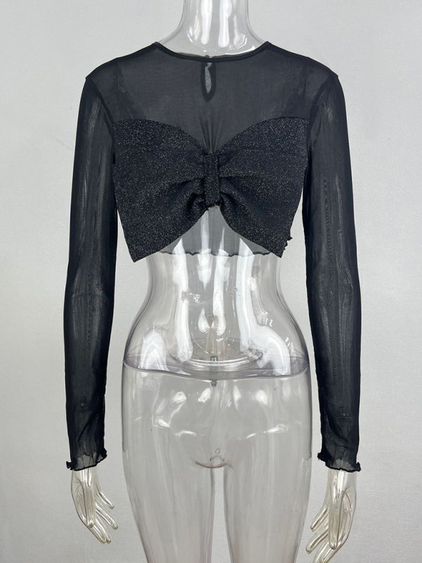 Women’s new fashionable round neck big bow long-sleeved sexy see-through short top