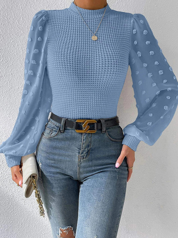 Women’s New Fashionable Round Neck Spliced Long Sleeve Sweater - Sky blue azure / S