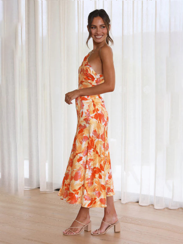 Women’s new fashionable temperament slant neck suspender fishtail print dress