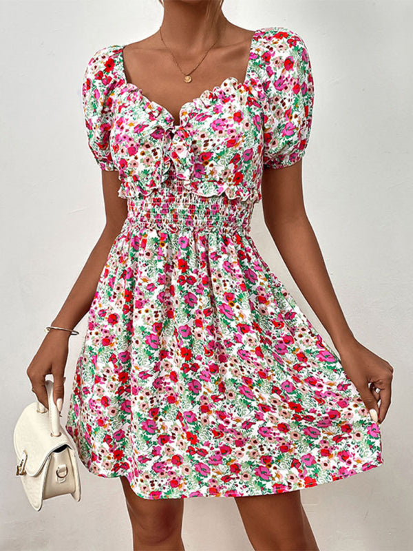 Women’s New High Waist Puff Sleeve Floral Dress - Rose / XS