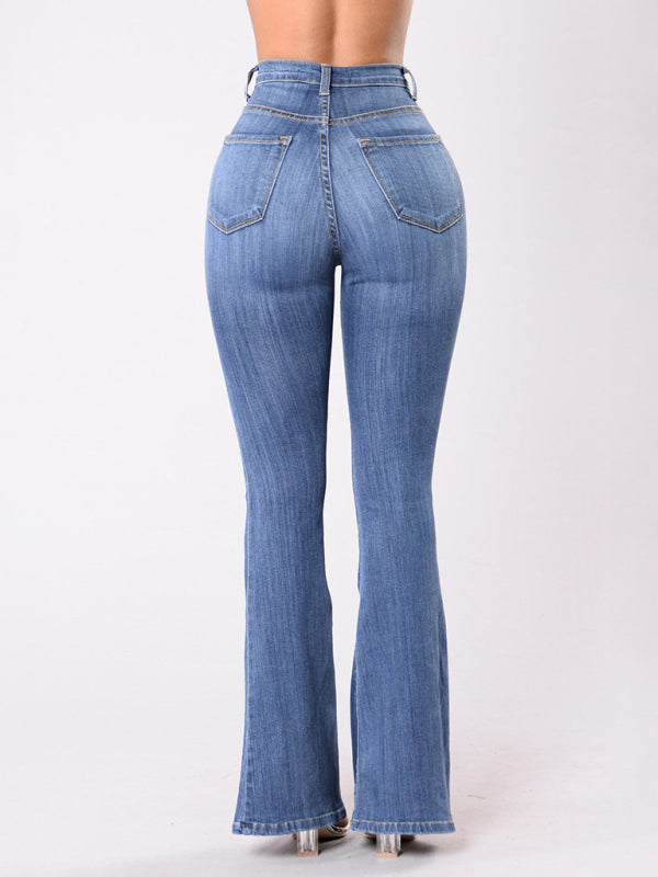 Women’s new high-waist washed button slim fit slightly flared wide-leg denim trousers