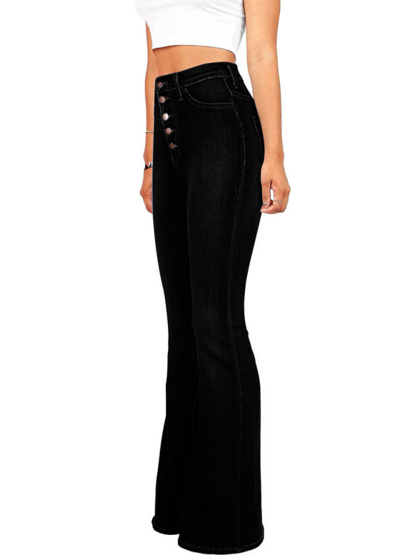 Women’s new high-waist washed button slim fit slightly flared wide-leg denim trousers