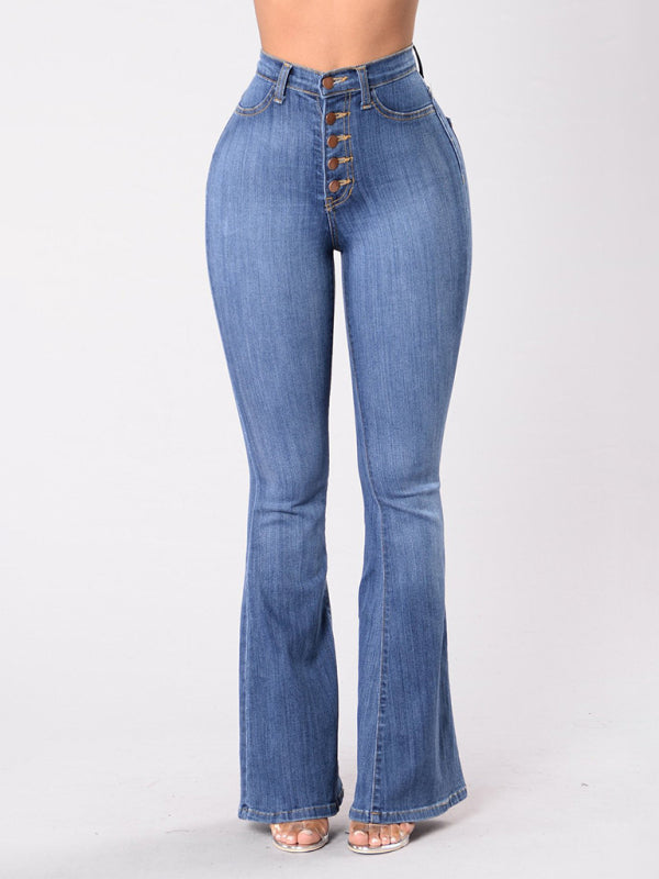 Women’s new high-waist washed button slim fit slightly flared wide-leg denim trousers - Clear blue / S