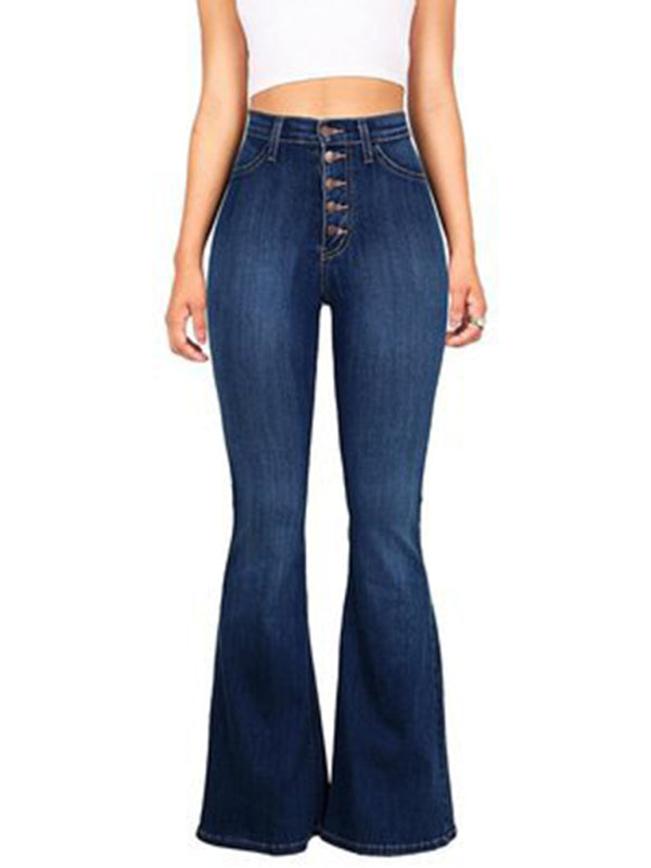 Women’s new high-waist washed button slim fit slightly flared wide-leg denim trousers - Purplish blue navy / S