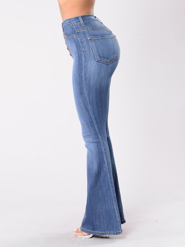 Women’s new high-waist washed button slim fit slightly flared wide-leg denim trousers
