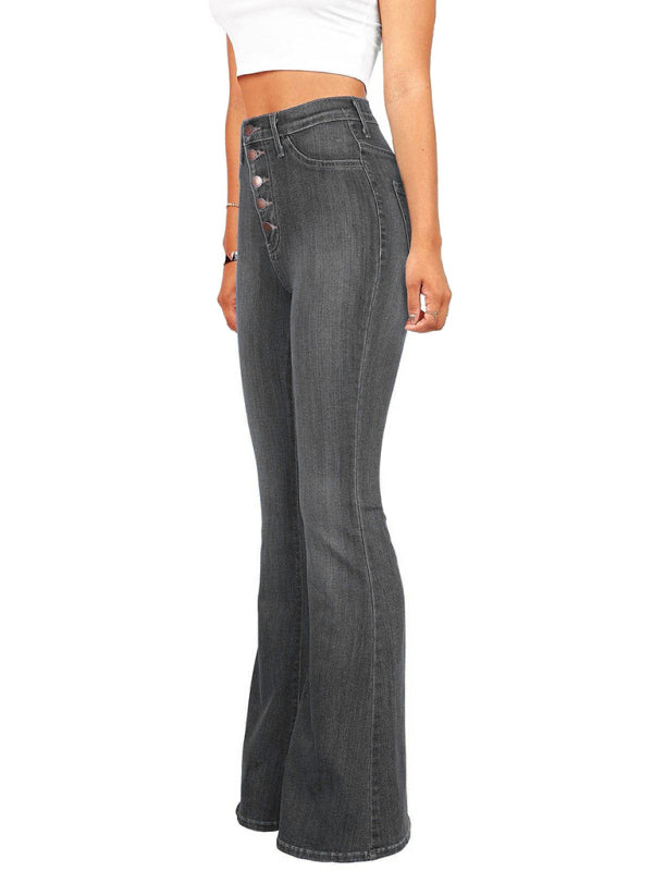 Women’s new high-waist washed button slim fit slightly flared wide-leg denim trousers