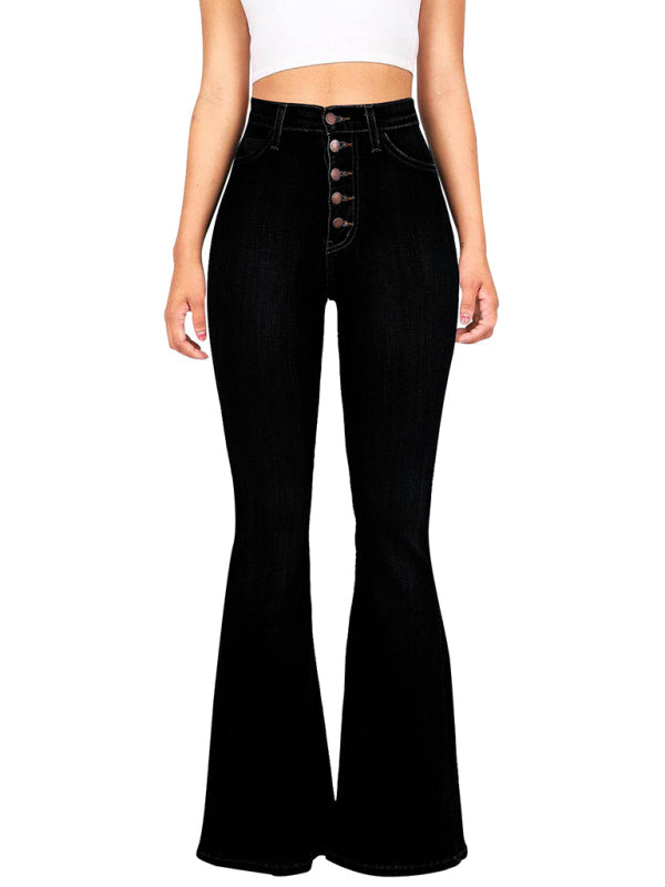 Women’s new high-waist washed button slim fit slightly flared wide-leg denim trousers - Black / S
