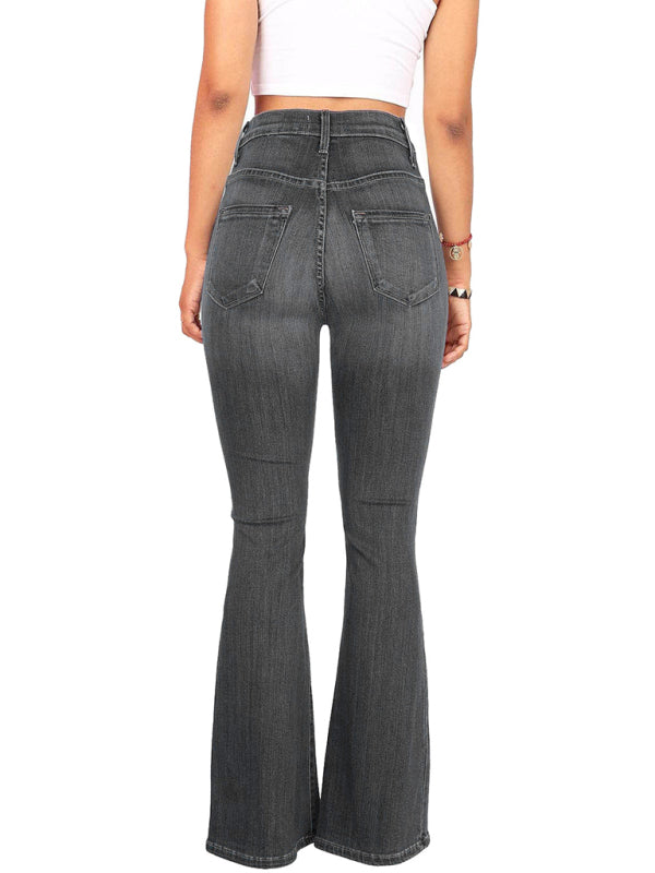 Women’s new high-waist washed button slim fit slightly flared wide-leg denim trousers