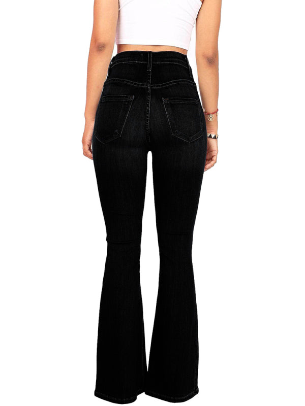 Women’s new high-waist washed button slim fit slightly flared wide-leg denim trousers