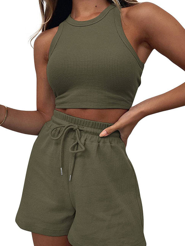 Women’s new loose solid color casual sleeveless shorts suit