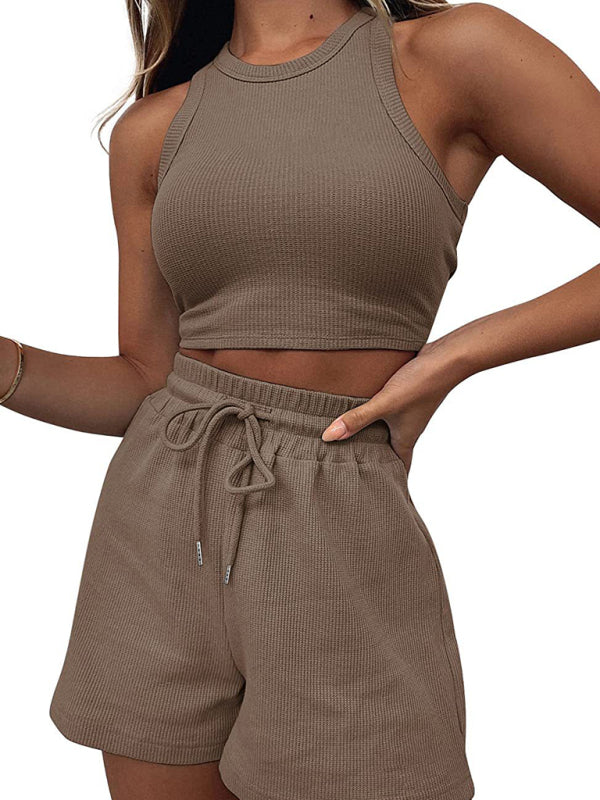 Women’s new loose solid color casual sleeveless shorts suit