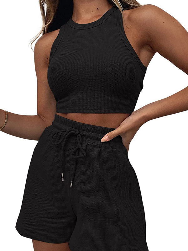 Women’s new loose solid color casual sleeveless shorts suit