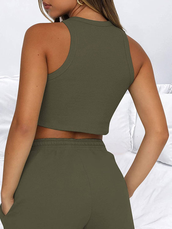 Women’s new loose solid color casual sleeveless shorts suit