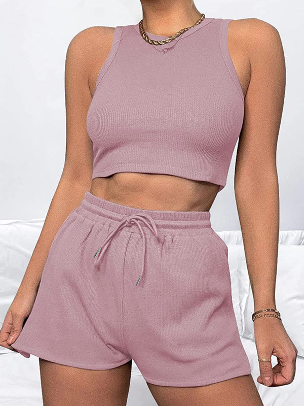 Women’s new loose solid color casual sleeveless shorts suit