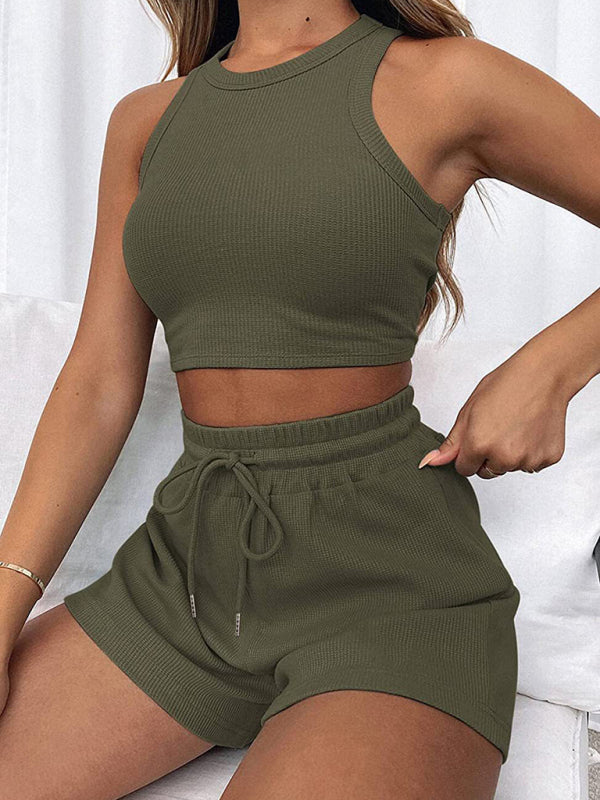 Women’s new loose solid color casual sleeveless shorts suit - Olive green / S