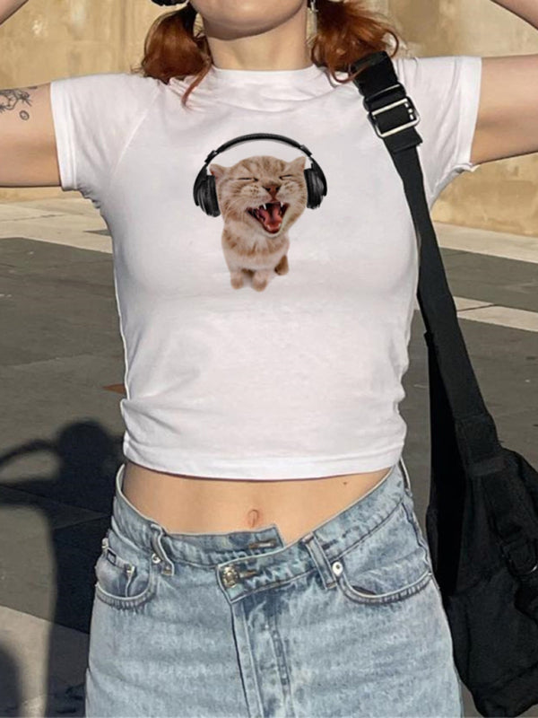 Women’s new music cat print short-sleeved T-shirt - White / S