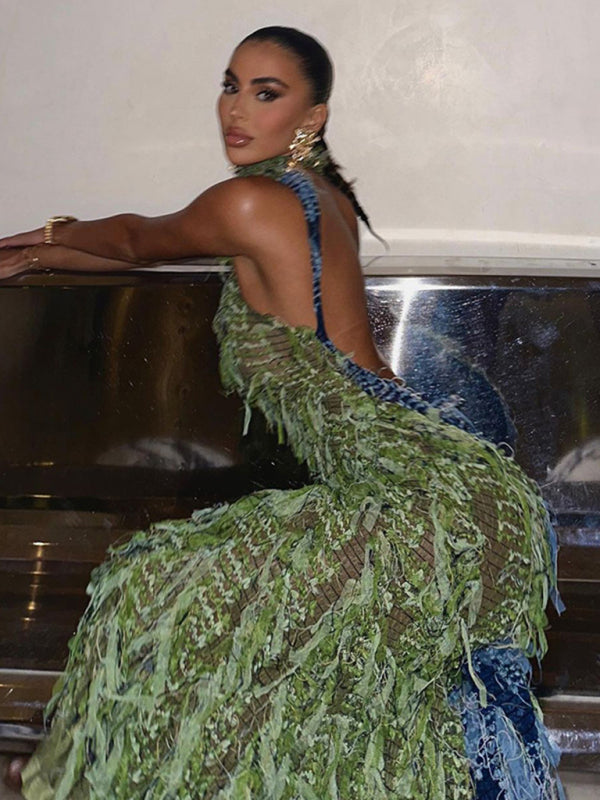 Women’s new sexy high collar sleeveless tassel see-through high waist slim long dress