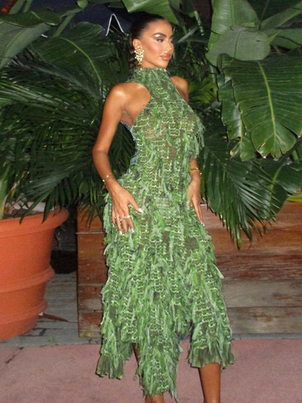 Women’s new sexy high collar sleeveless tassel see-through high waist slim long dress - Green / S