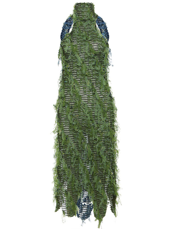 Women’s new sexy high collar sleeveless tassel see-through high waist slim long dress