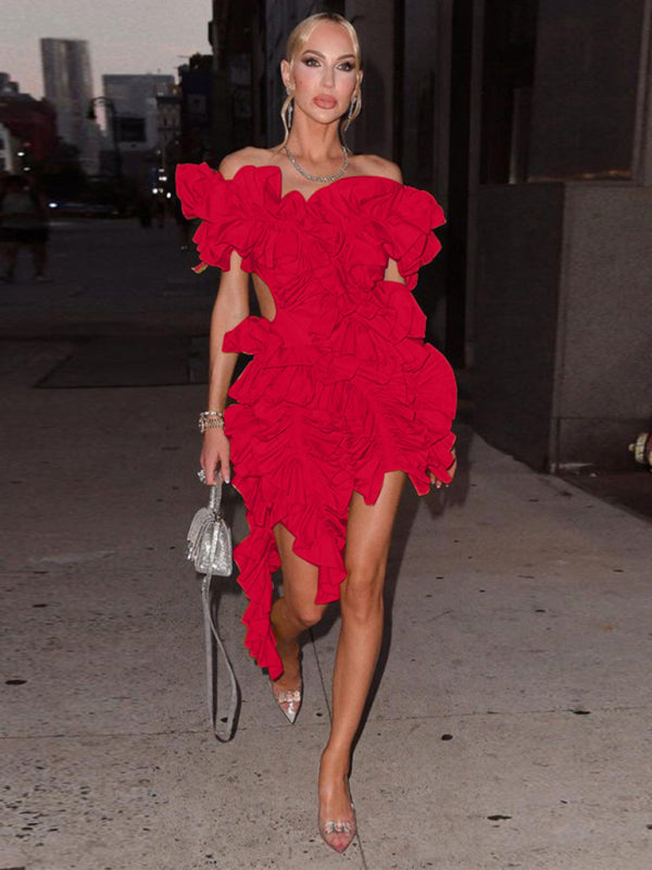 Women’s new sleeveless pleated backless mini dress irregular curling sexy dress - Red / S