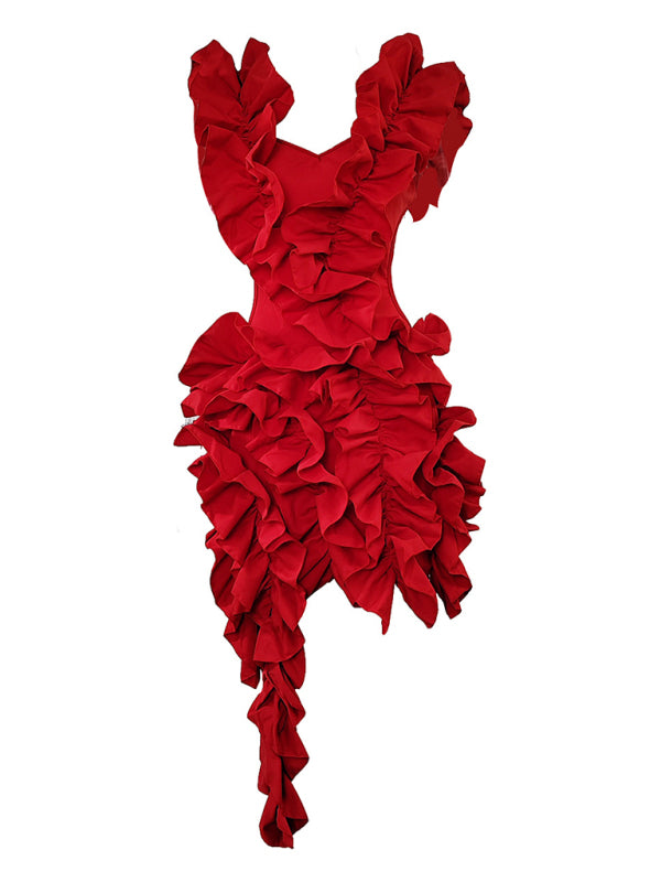 Women’s new sleeveless pleated backless mini dress irregular curling sexy dress