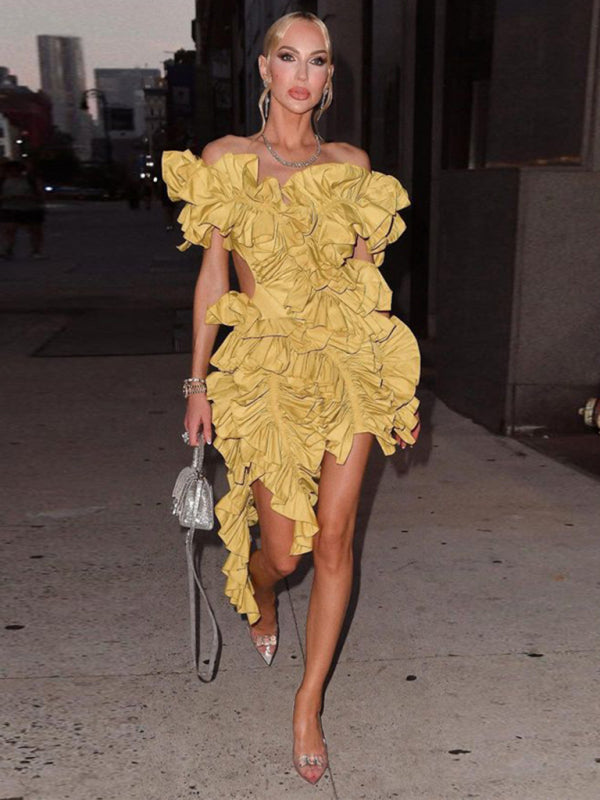 Women’s new sleeveless pleated backless mini dress irregular curling sexy dress - Yellow / S