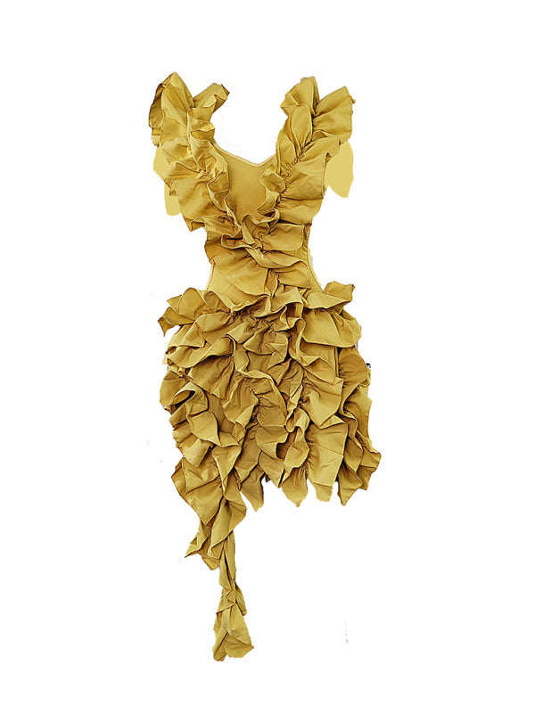 Women’s new sleeveless pleated backless mini dress irregular curling sexy dress