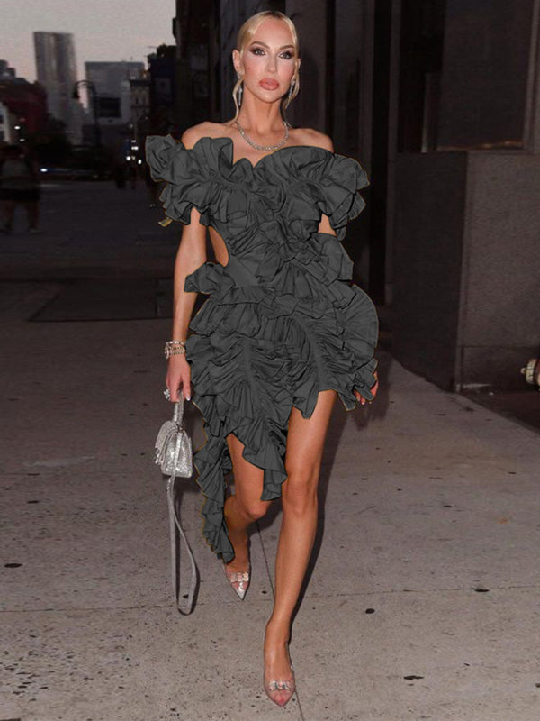 Women’s new sleeveless pleated backless mini dress irregular curling sexy dress - Black / S