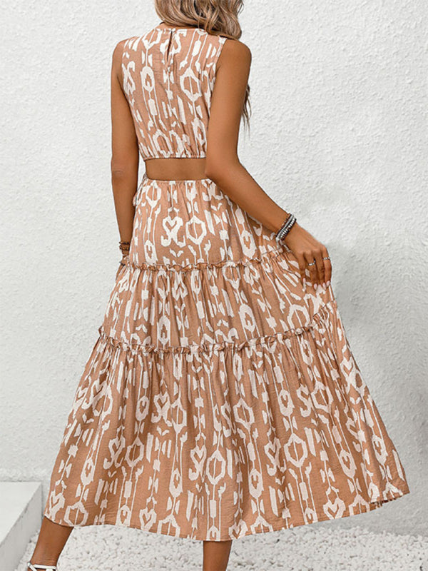 Women’s New Sleeveless Waist Solid Color Hollow Splicing Printed Dress
