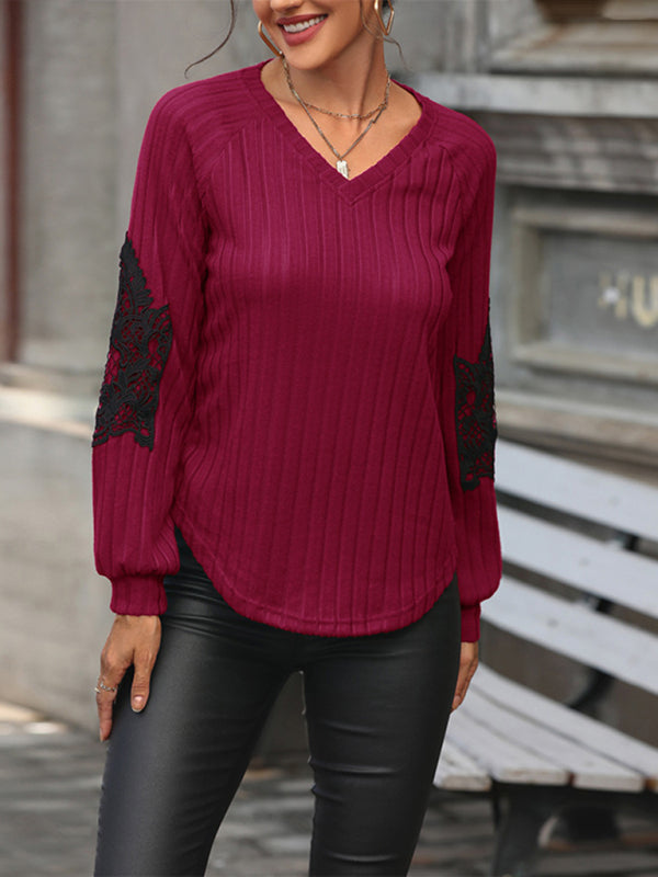 Women’s new solid color knitted sweater bottoming top - Red / S