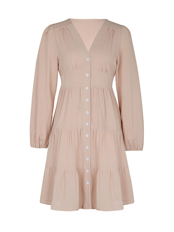 Women's new solid color long-sleeved V-neck button-down dress - Closther