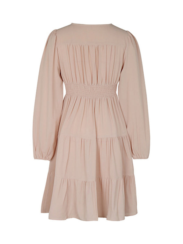 Women's new solid color long-sleeved V-neck button-down dress - Closther