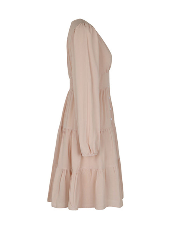 Women's new solid color long-sleeved V-neck button-down dress - Closther