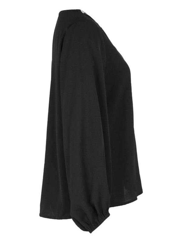 Women's new solid color V-neck long-sleeved retro shirt - Closther