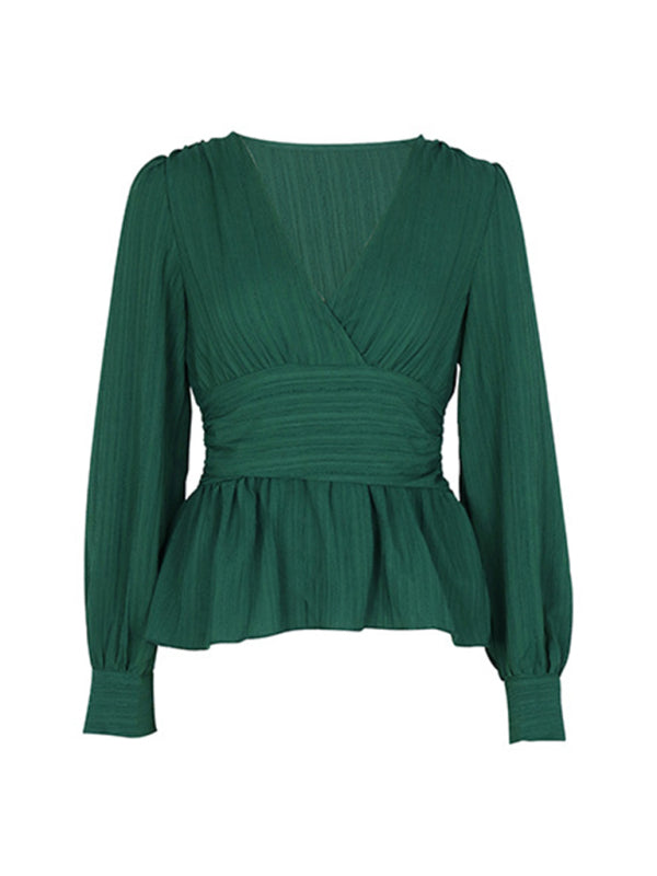 Women's new solid color V-neck long-sleeved waist shirt - Closther