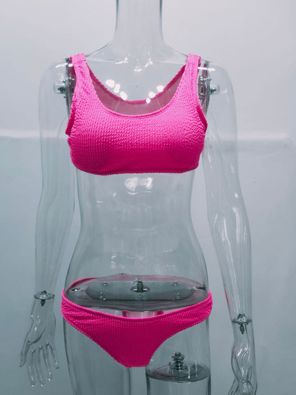 Women’s new special fabric wrinkled fabric bikini macaron color split swimsuit